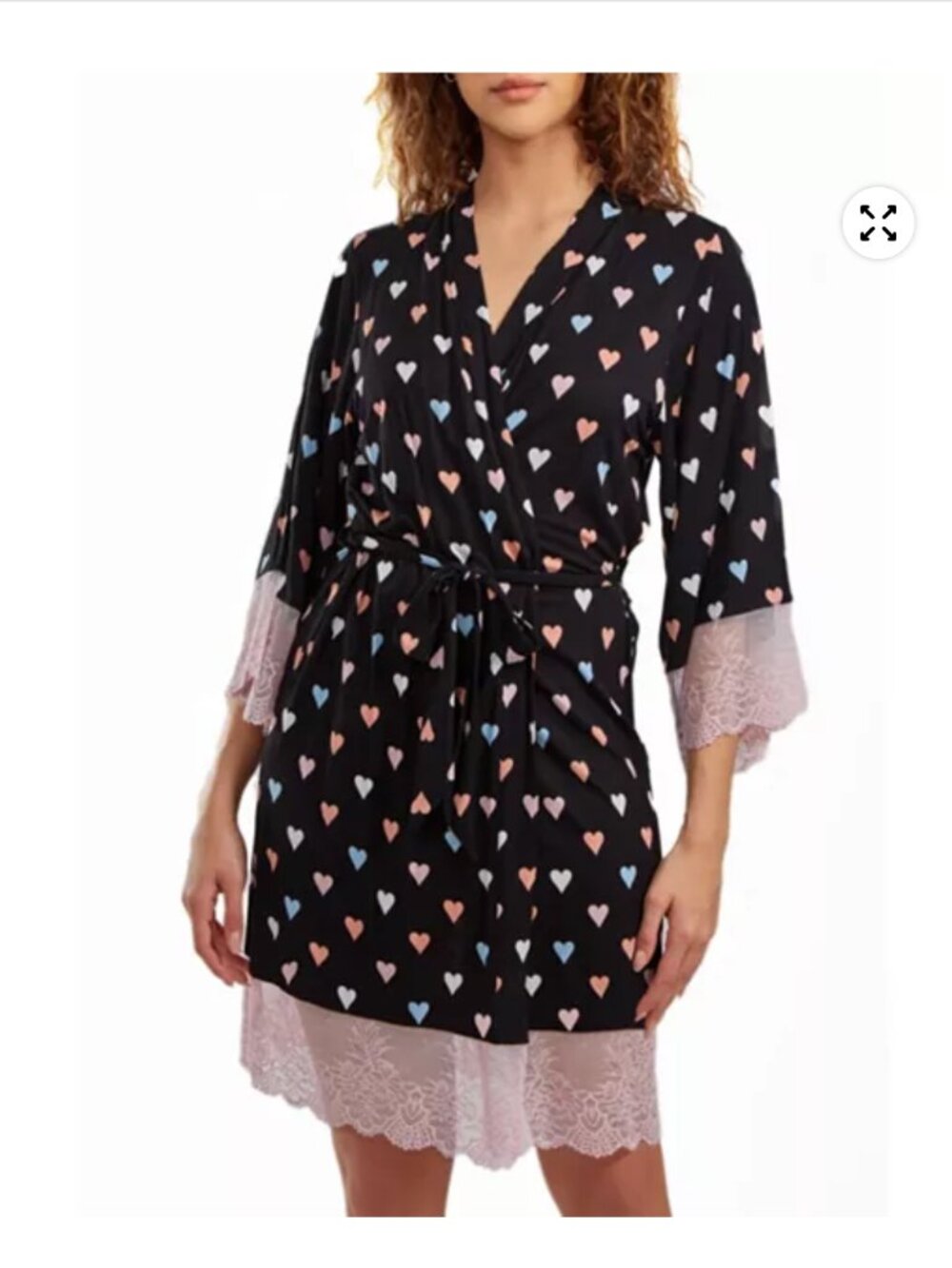 NEW XS Macy's iCollection Tobey Modal Multi Hearts Robe Contrast Lace Tie Sash